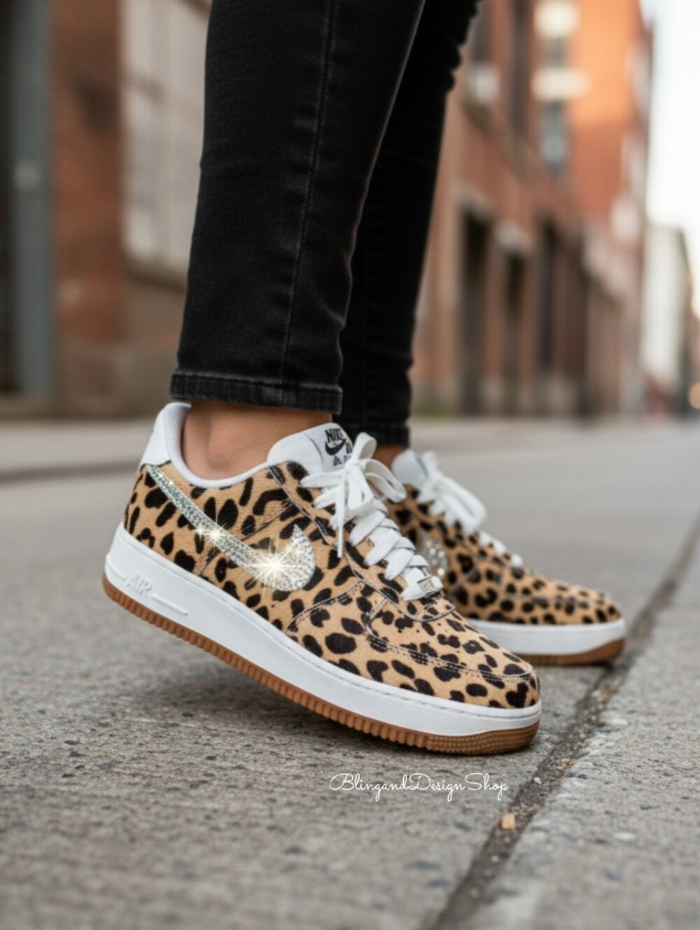 Women's Bling Nike Air Force 1 07 Leopard Print Sneakers Shoes with Crystals